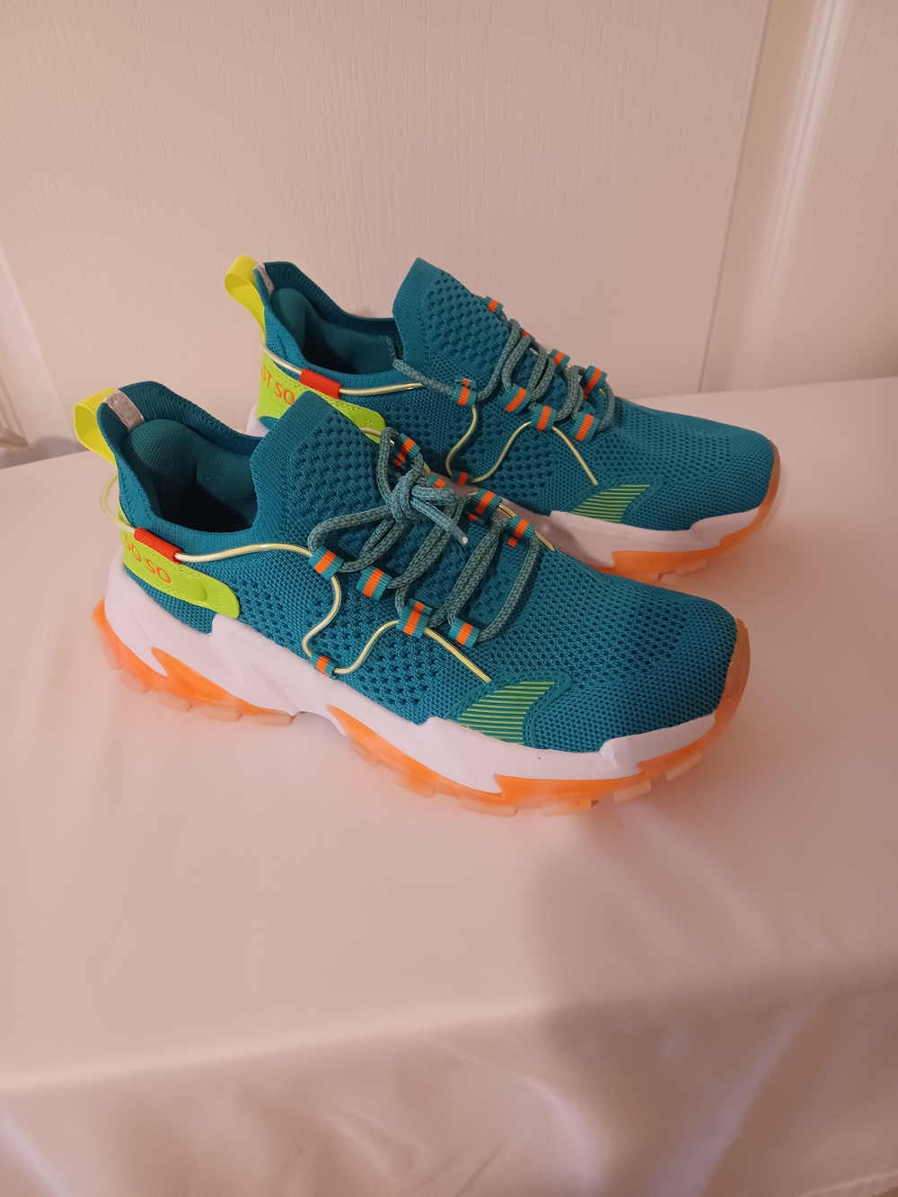Amazon Teal Athletic Sneakers with Neon Orange and Yellow Accents - Picture 3 of 15